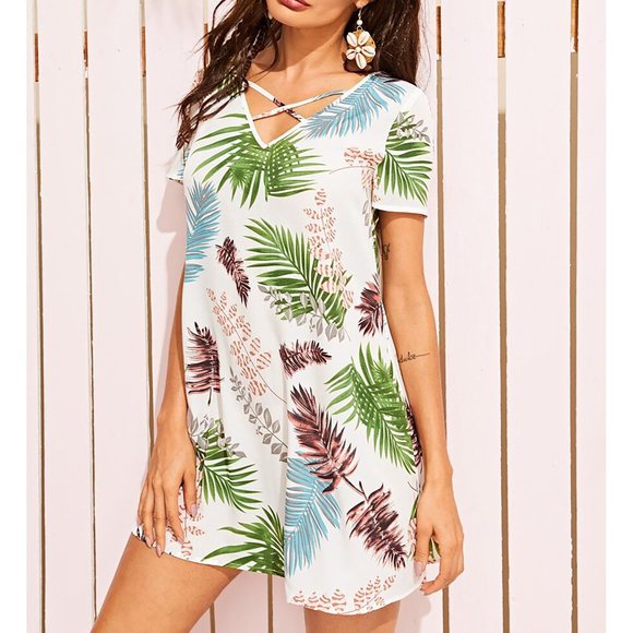 White Tropical Print Strappy Neck Shift Sundress - Picture 5 of 6